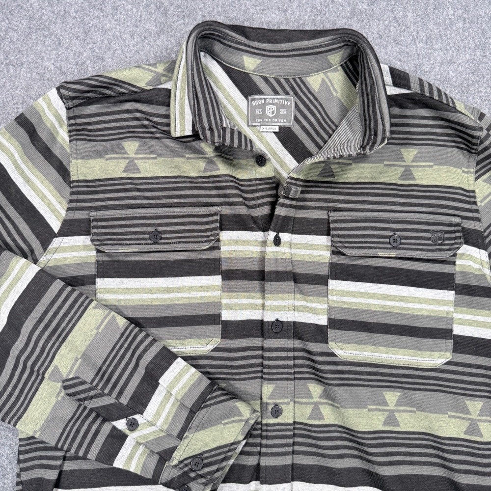 Born Primitive XL Striped Geometric Button Down Shirt Grey Green Long Sleeve